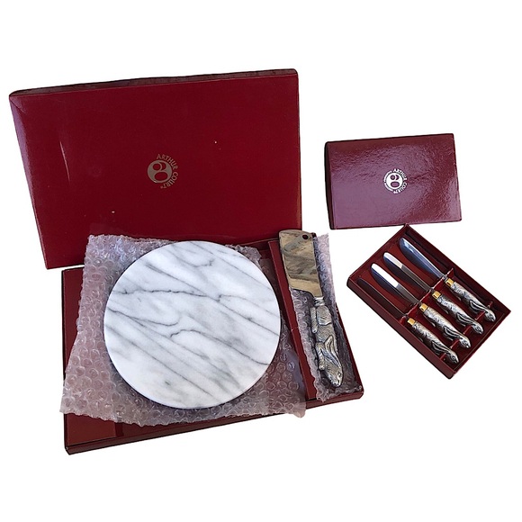 Arthur Court Vintage Bunny Rabbit Marble Cheese Board & Cutter + 4 Spread Knives - Picture 1 of 16